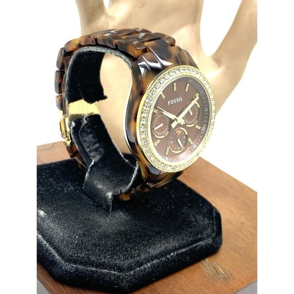 Fossil Women\'s Watch ES2795 Stella Quartz Gemmed Gold Tortoise Shell 37mm